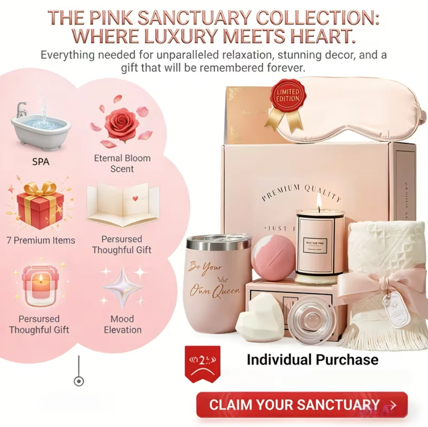 Luxury 7-in-1 Self Care Gift Set (Hamper)– Rose Spa Pamper Box - Bath Bomb, Candle, Tumbler, Silk Eye Mask & More "Gift for Her" - Image 6