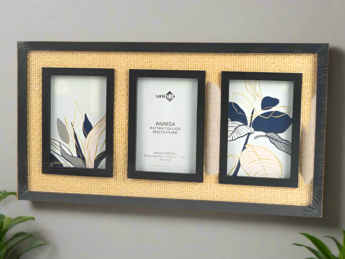 Annisa Rattan Collage Photo Frame – 3 Photo Display | Black & Natural Home Decor - Image 2