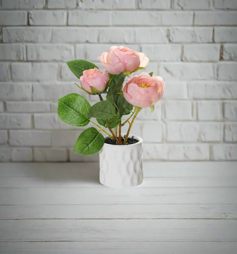 Elegant Artificial Rose Arrangement in Textured Ceramic Pot – 20cm - Image 3
