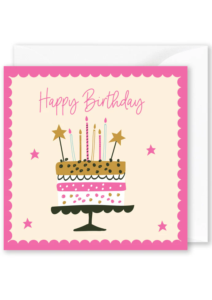 Birthday Card: “happy birthday”- cake with candles on stand