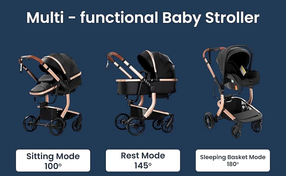 Cuteably® Baby Pram - 9 in 1 Pram Bassinet with Push Chair Set - BLACK - Image 5