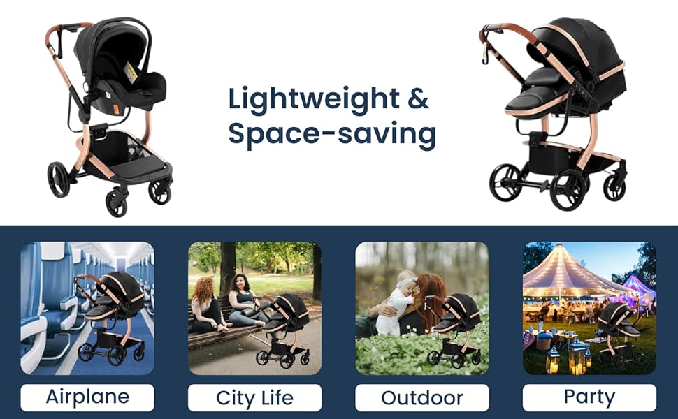 Cuteably® Baby Pram - 9 in 1 Pram Bassinet with Push Chair Set - BLACK - Image 6