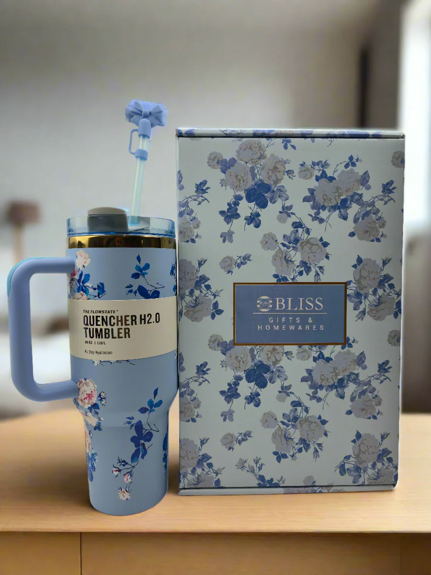 Love Shack 40oz Rosa Beaux Blue Floral Insulated Tumbler with Handle & Straw - Image 4