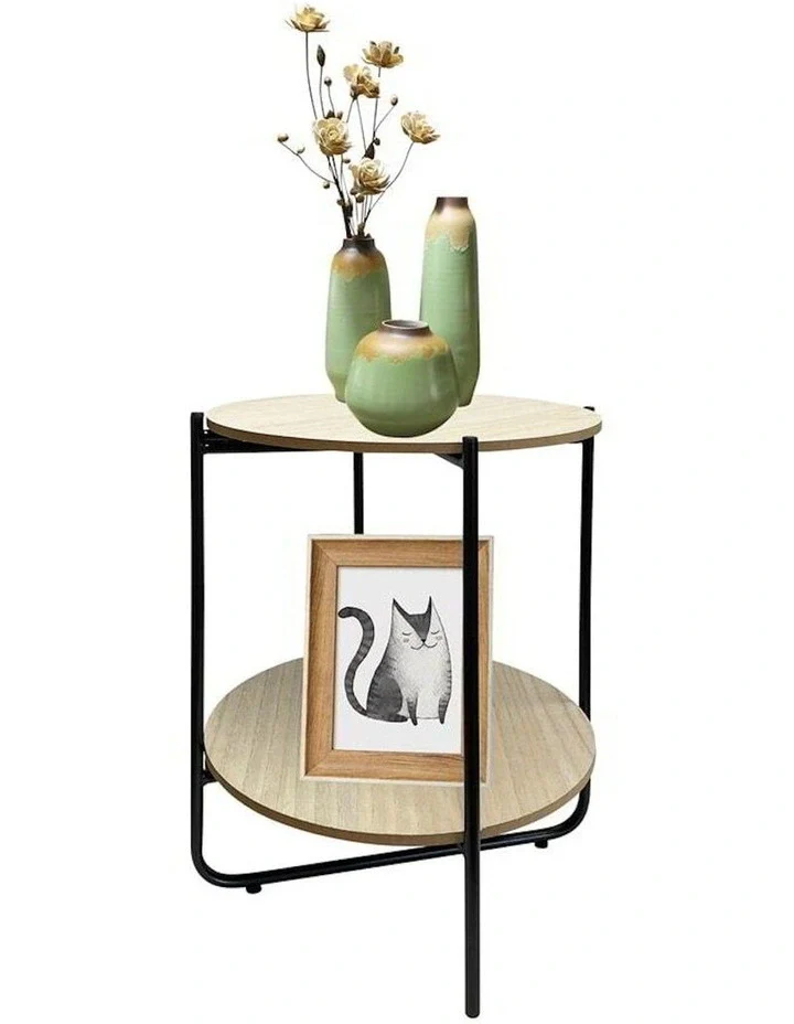 Round Lightwood Side Table with shelf - Image 2