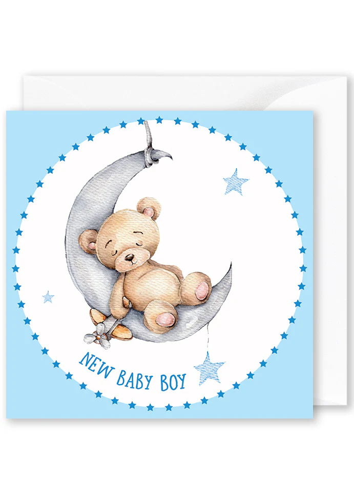 Square Card: “New Baby Boy” Bear on Blue