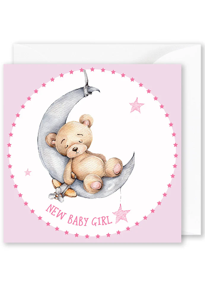 Square Card: “New Baby Girl” Bear on Pink